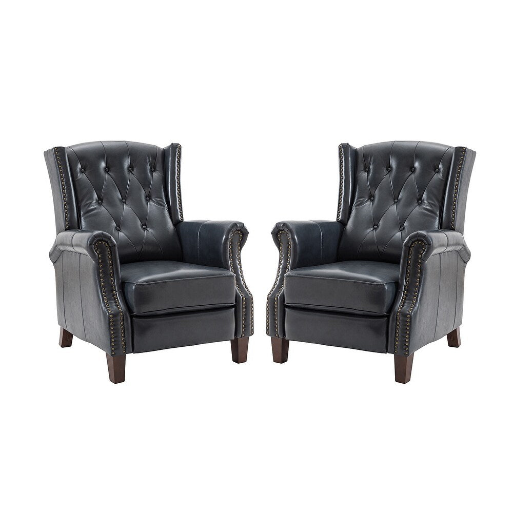 Claros Genuine Leather Button-Tufted and Nailhead Trim Manual Recliner with Wooden Legs Set of 2