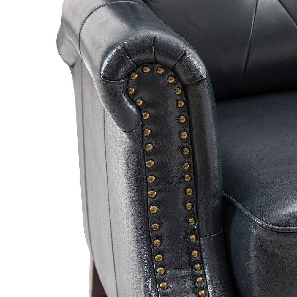 Claros Genuine Leather Button-Tufted and Nailhead Trim Manual Recliner with Wooden Legs Set of 2