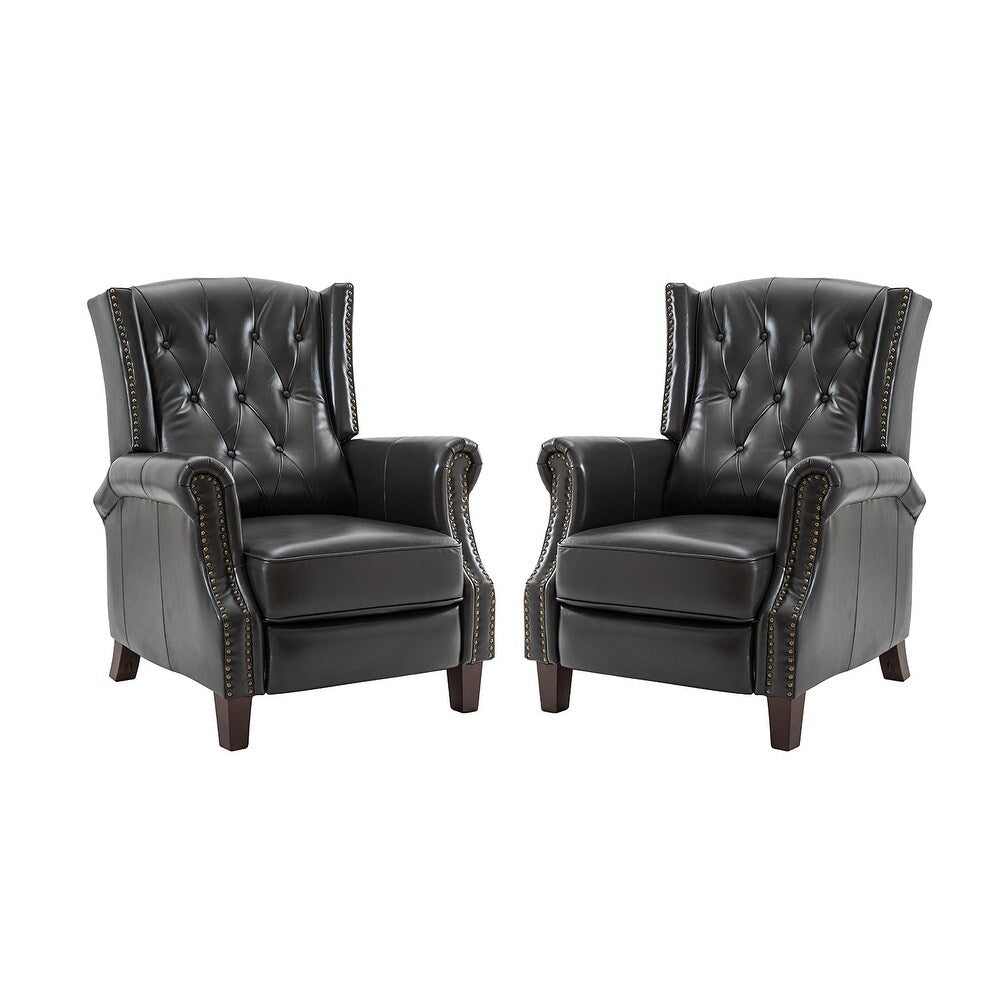 Claros Genuine Leather Button-Tufted and Nailhead Trim Manual Recliner with Wooden Legs Set of 2