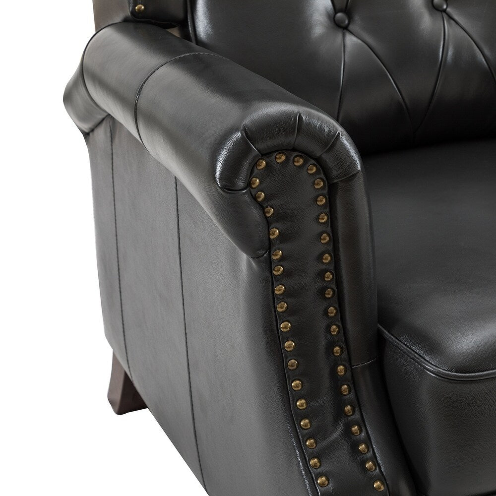 Claros Genuine Leather Button-Tufted and Nailhead Trim Manual Recliner with Wooden Legs Set of 2