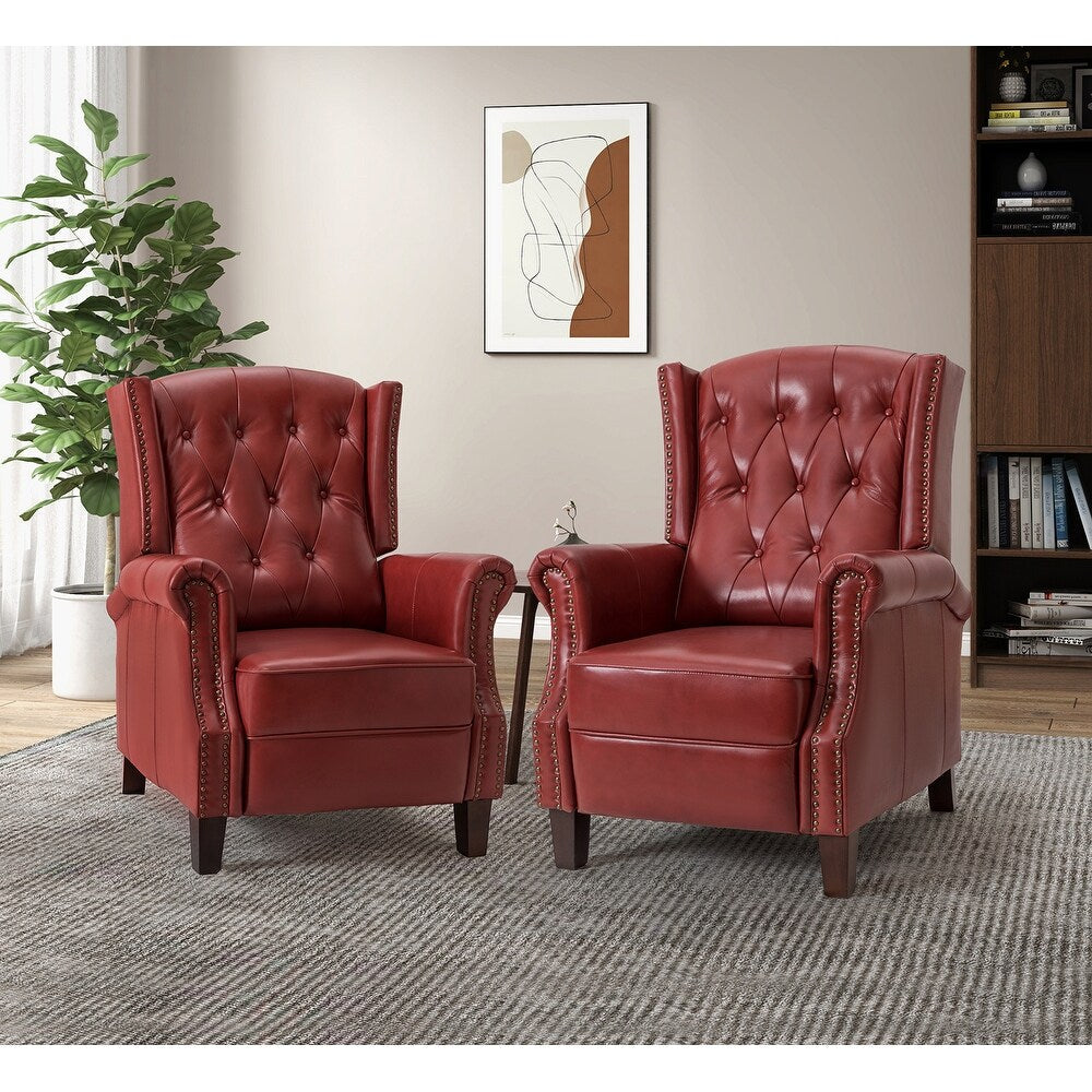 Claros Genuine Leather Button-Tufted and Nailhead Trim Manual Recliner with Wooden Legs Set of 2
