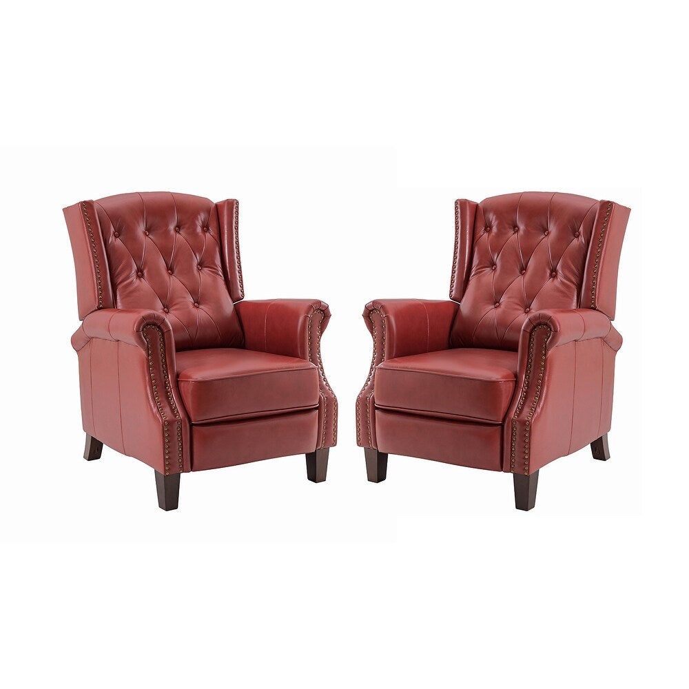 Claros Genuine Leather Button-Tufted and Nailhead Trim Manual Recliner with Wooden Legs Set of 2