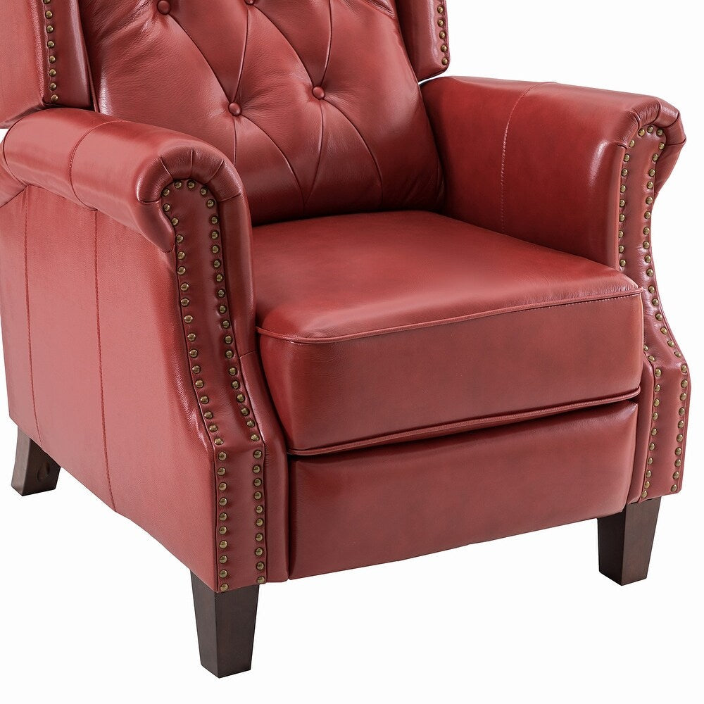 Claros Genuine Leather Button-Tufted and Nailhead Trim Manual Recliner with Wooden Legs Set of 2