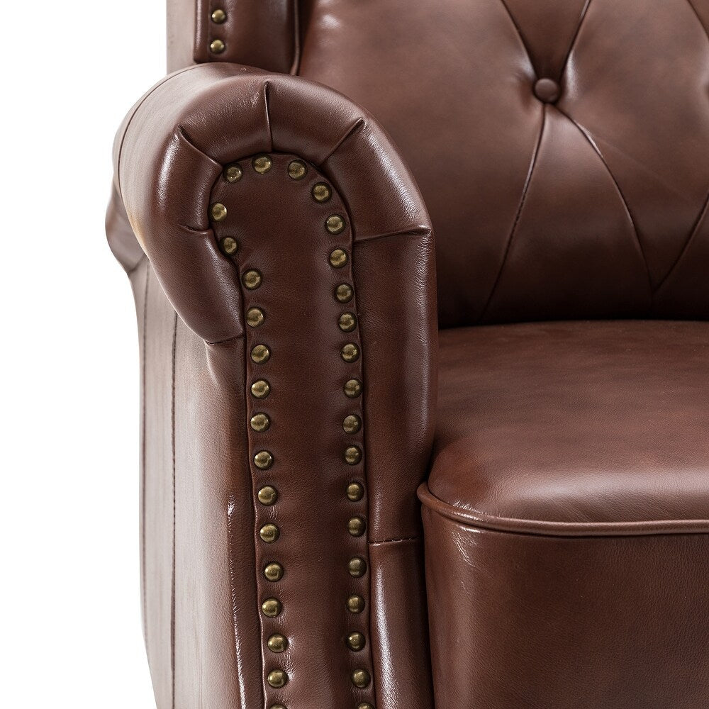 Claros Genuine Leather Button-Tufted and Nailhead Trim Manual Recliner with Wooden Legs Set of 2