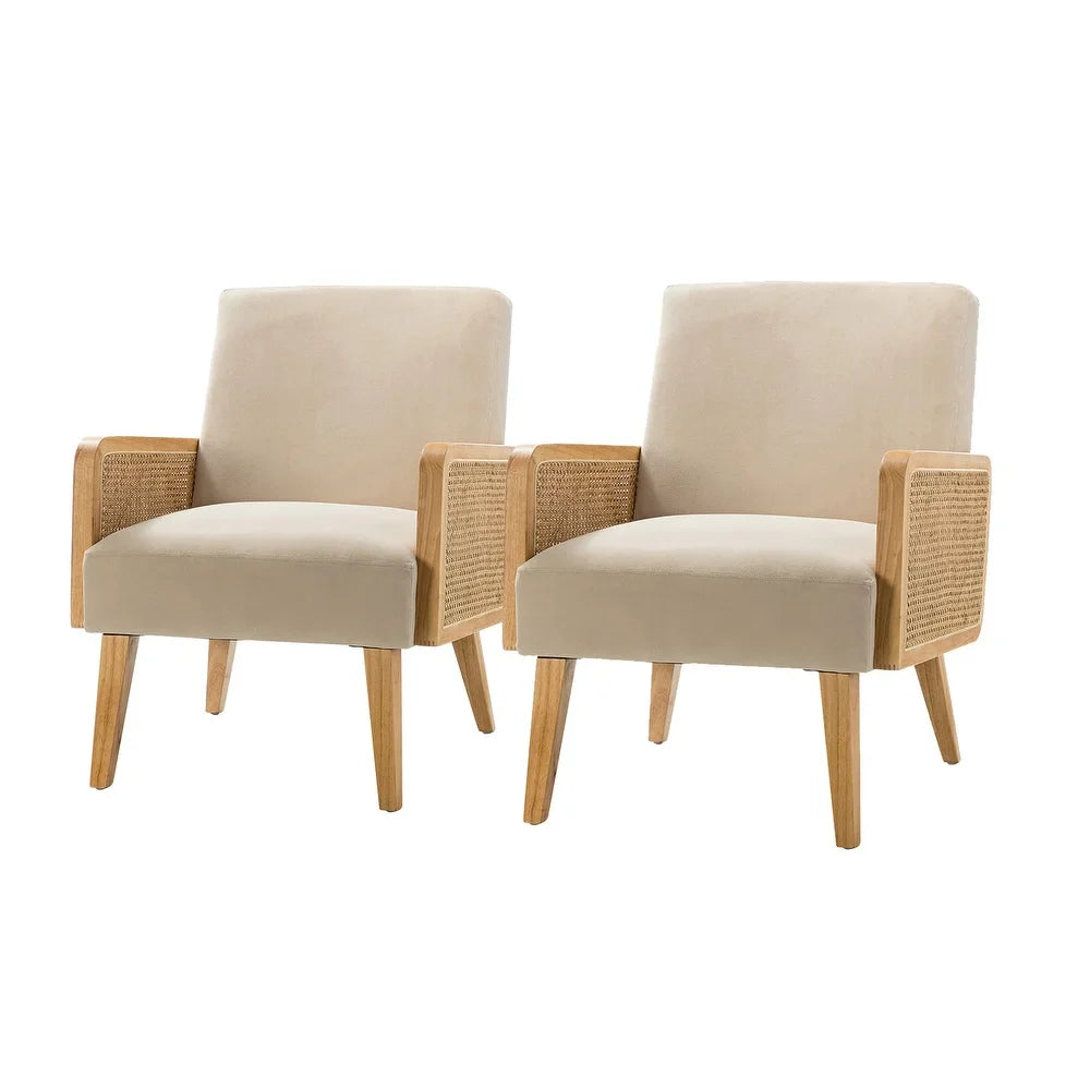 Carmina Modern Bohemian Cane upholstered Accent Armchair with Tapered Legs Set of 2