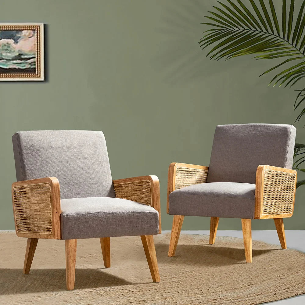 Carmina Modern Bohemian Cane upholstered Accent Armchair with Tapered Legs Set of 2