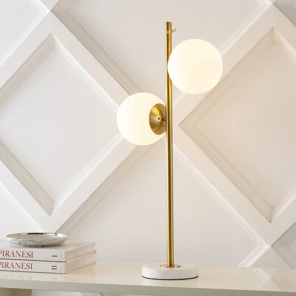 Dino 28" 2-Light Coastal Vintage Iron LED Table Lamp, Brass Gold/White