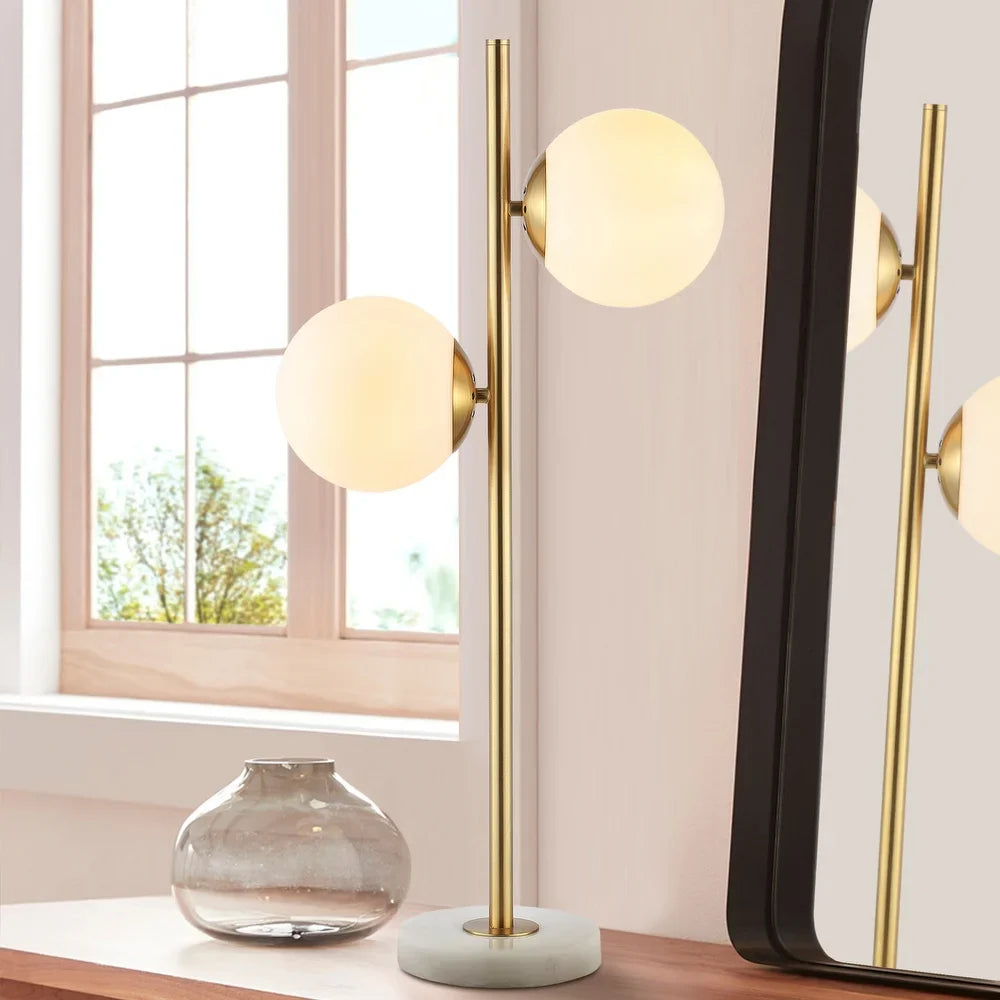 Dino 28" 2-Light Coastal Vintage Iron LED Table Lamp, Brass Gold/White