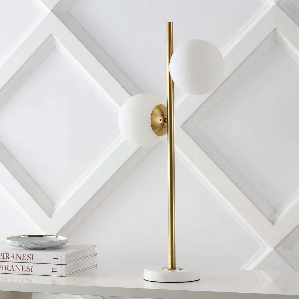 Dino 28" 2-Light Coastal Vintage Iron LED Table Lamp, Brass Gold/White