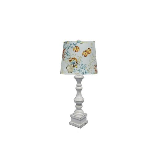 Distressed White Table Lamp with Colorful Coastal Print Shade