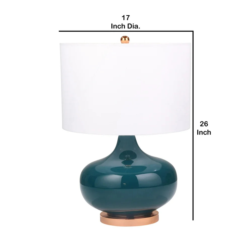 Drum Fabric Shade Table Lamp with Glass Bellied Shape Support, Green