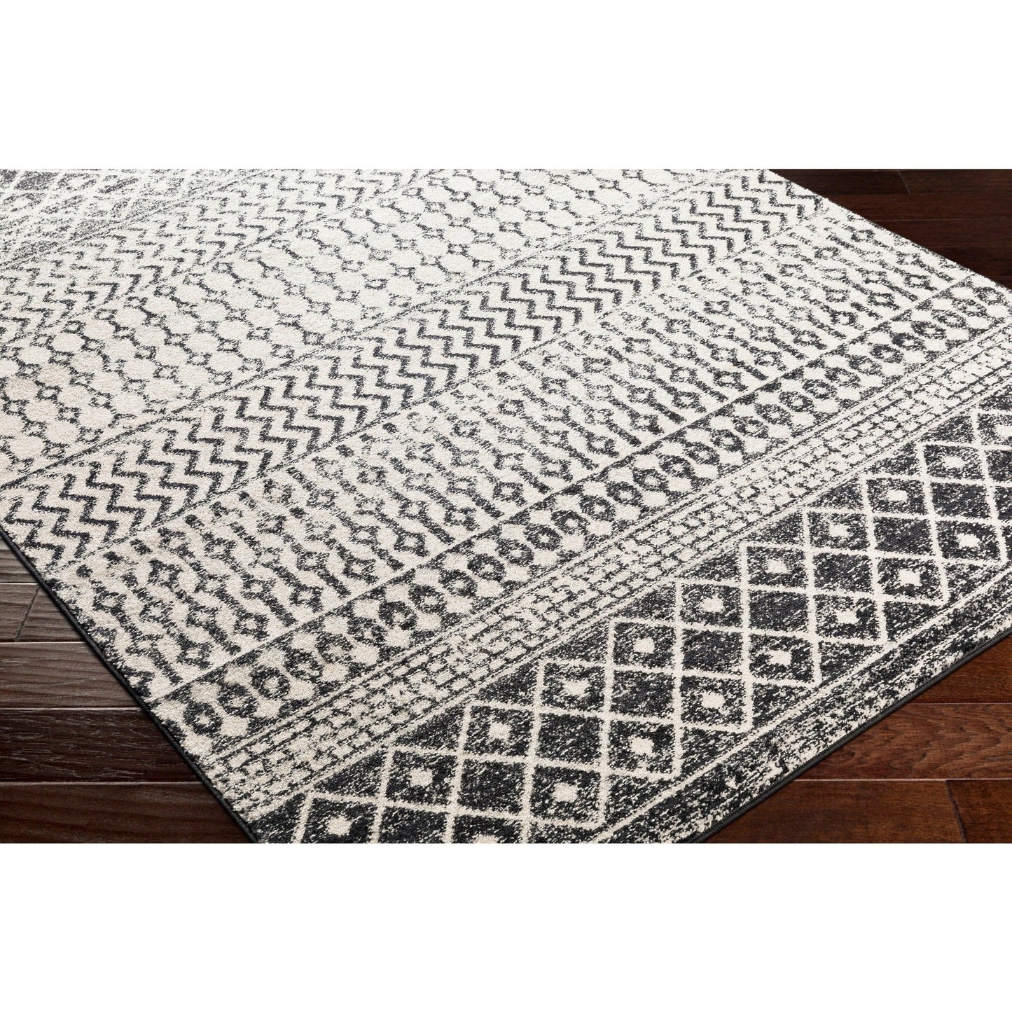 Distressed Geometric Black White Area Rug