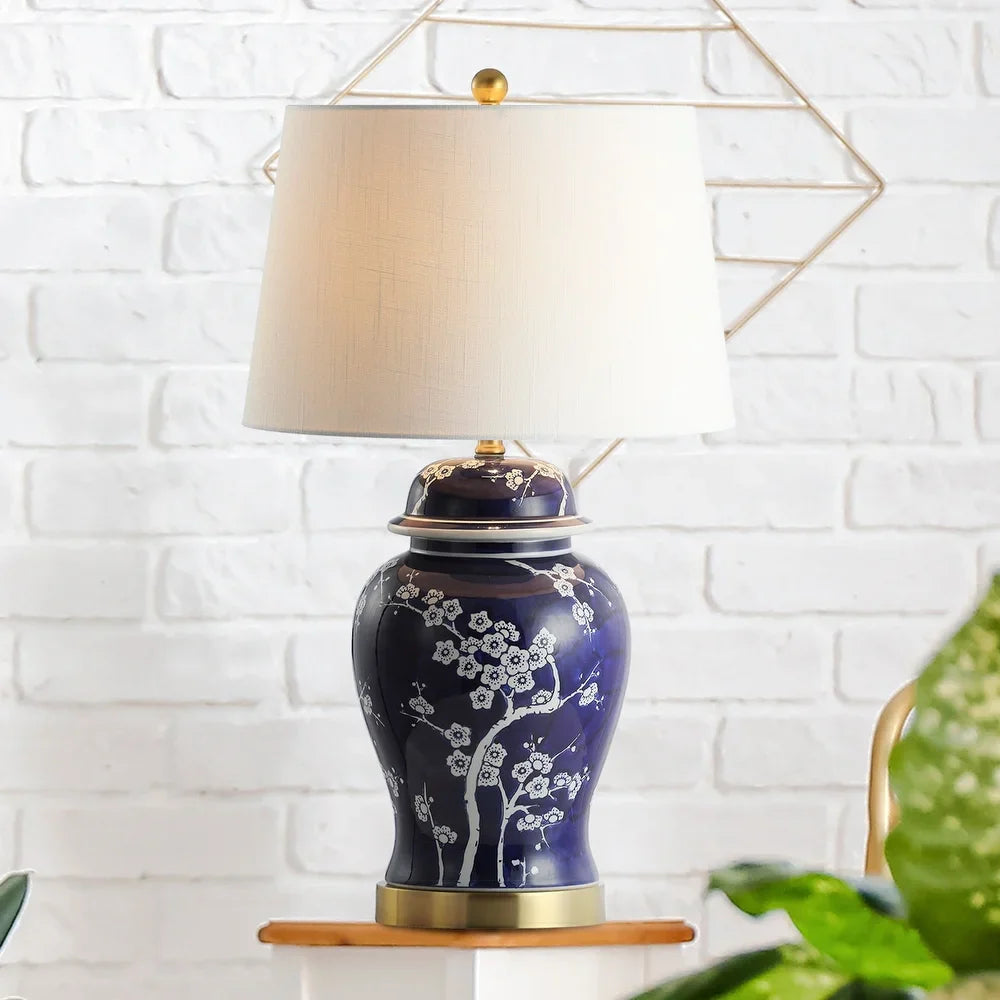 Ellie 29.5" Ginger Jar Ceramic/Metal LED Table Lamp, White/Navy by JONATHAN Y