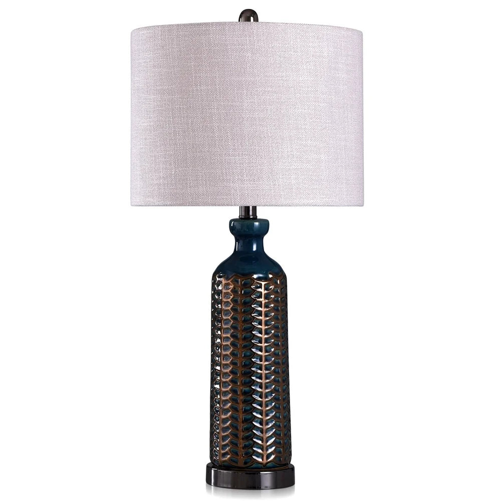 StyleCraft Elliot Deep Blue and Copper Table Lamp with Heathered Oatmeal Fabric Shade