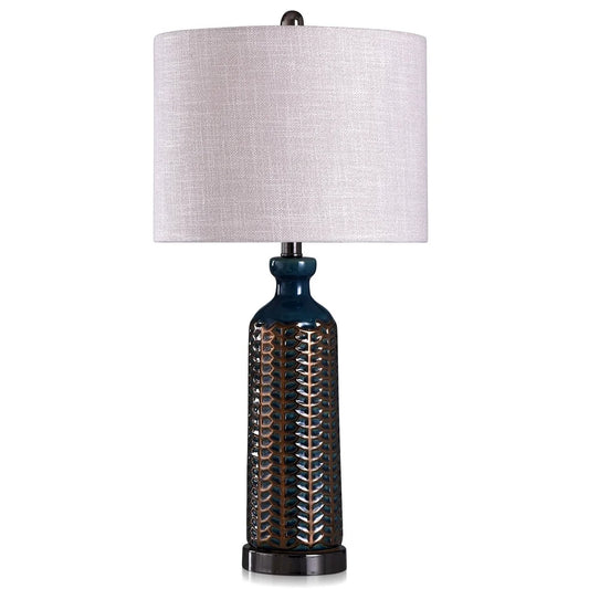 StyleCraft Elliot Deep Blue and Copper Table Lamp with Heathered Oatmeal Fabric Shade