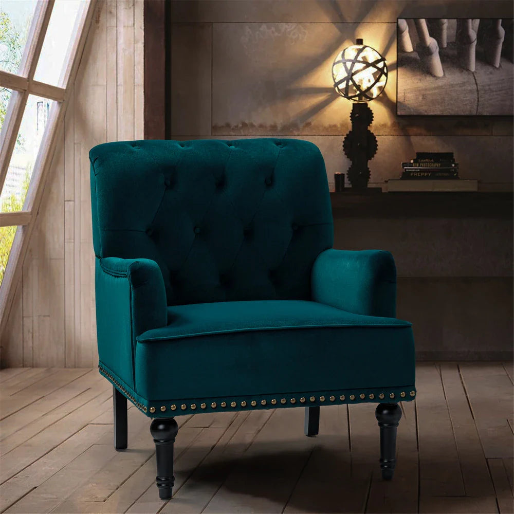 Geltrude Transitional Upholstered Button Tufted Club Chair with turned wooden Legs