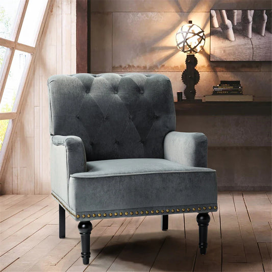 Geltrude Transitional Upholstered Button Tufted Club Chair with turned wooden Legs