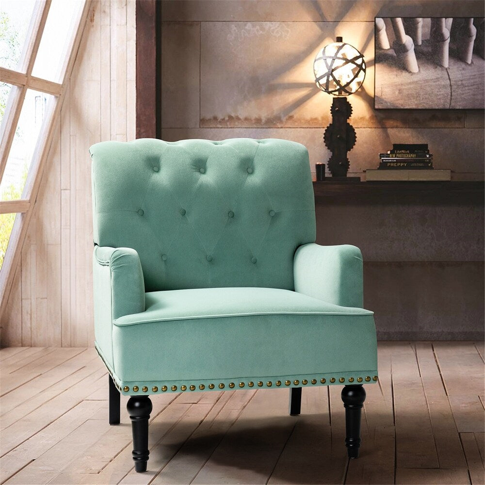 Geltrude Transitional Upholstered Button Tufted Club Chair with turned wooden Legs