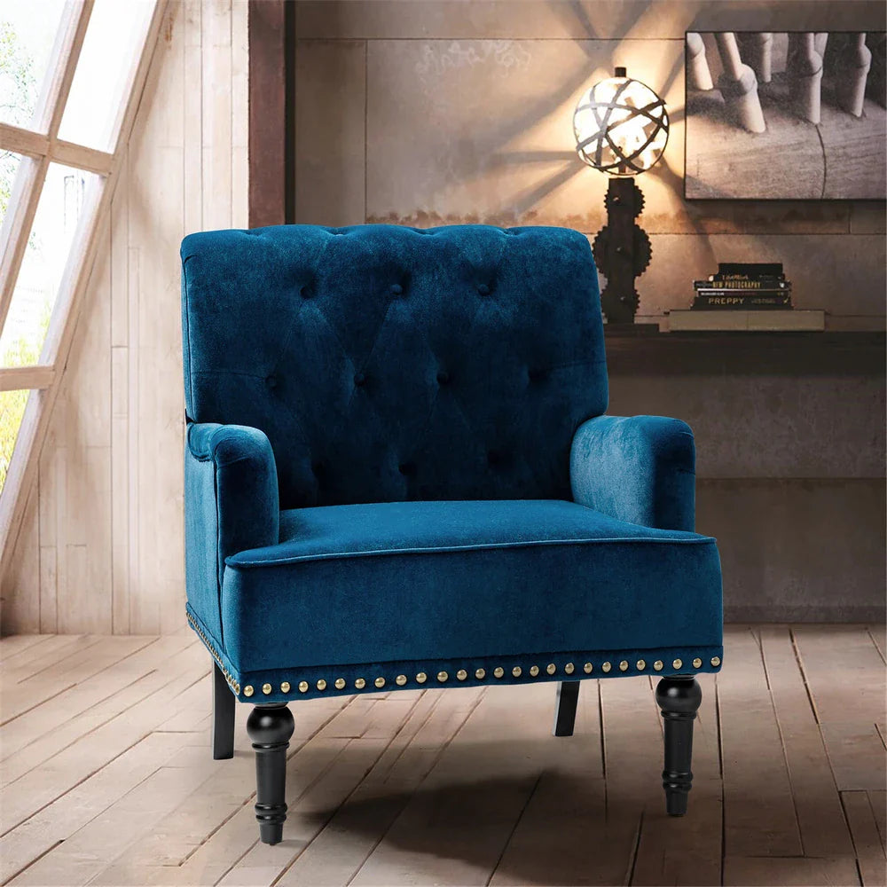 Geltrude Transitional Upholstered Button Tufted Club Chair with turned wooden Legs