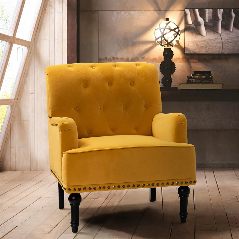 Geltrude Transitional Upholstered Button Tufted Club Chair with turned wooden Legs