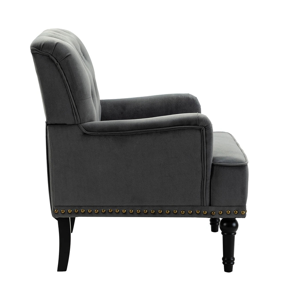 Geltrude Transitional Upholstered Button Tufted Club Chair with turned wooden Legs