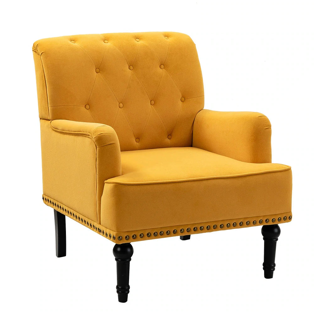 Geltrude Transitional Upholstered Button Tufted Club Chair with turned wooden Legs