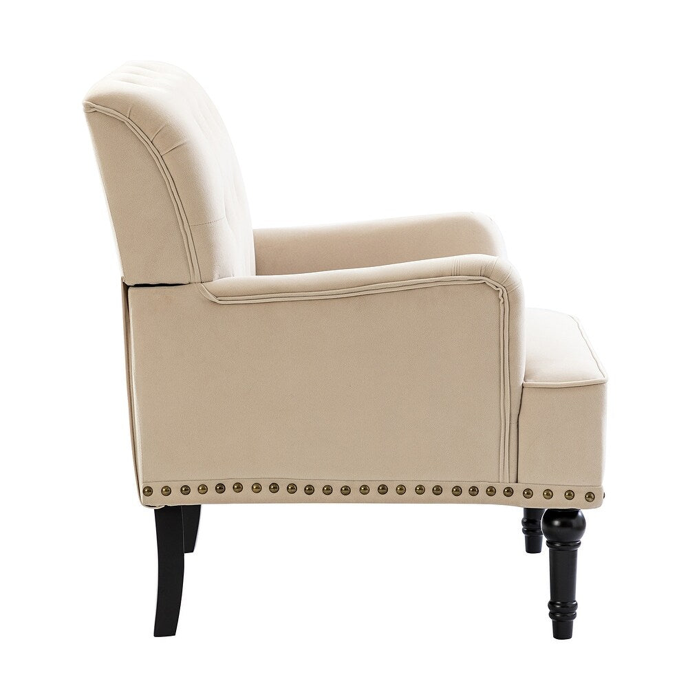 Geltrude Transitional Upholstered Button Tufted Club Chair with turned wooden Legs