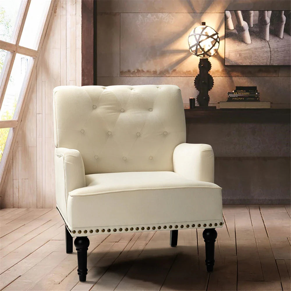 Geltrude Transitional Upholstered Button Tufted Club Chair with turned wooden Legs