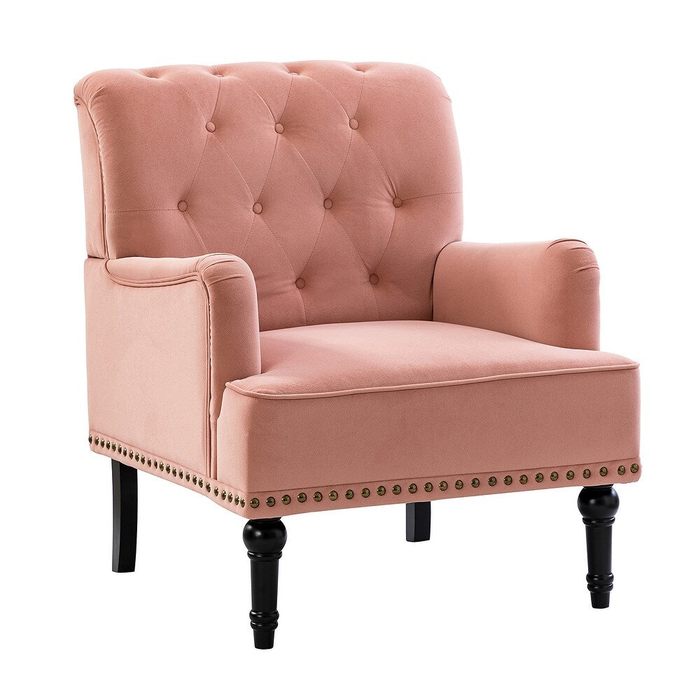 Geltrude Transitional Upholstered Button Tufted Club Chair with turned wooden Legs