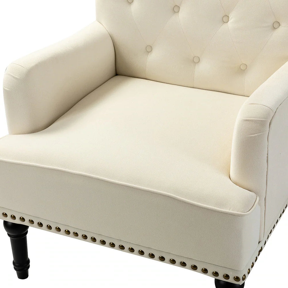 Geltrude Transitional Upholstered Button Tufted Club Chair with turned wooden Legs