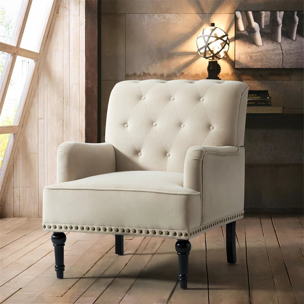 Geltrude Transitional Upholstered Button Tufted Club Chair with turned wooden Legs