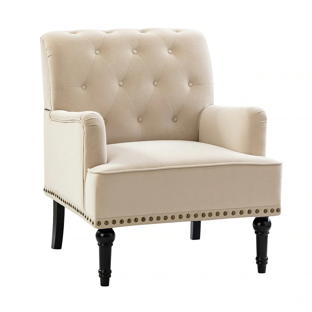 Geltrude Transitional Upholstered Button Tufted Club Chair with turned wooden Legs