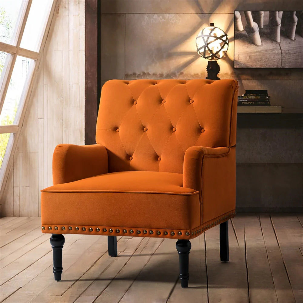 Geltrude Transitional Upholstered Button Tufted Club Chair with turned wooden Legs