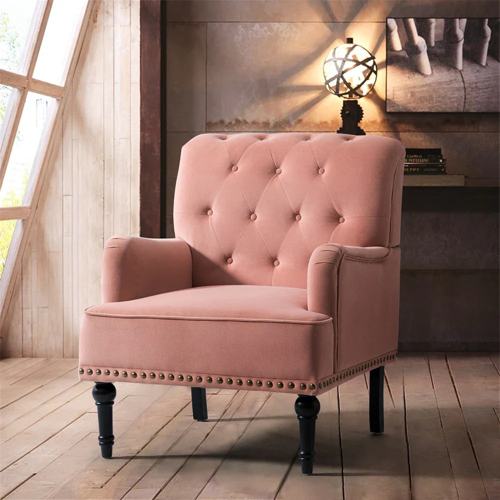 Geltrude Transitional Upholstered Button Tufted Club Chair with turned wooden Legs