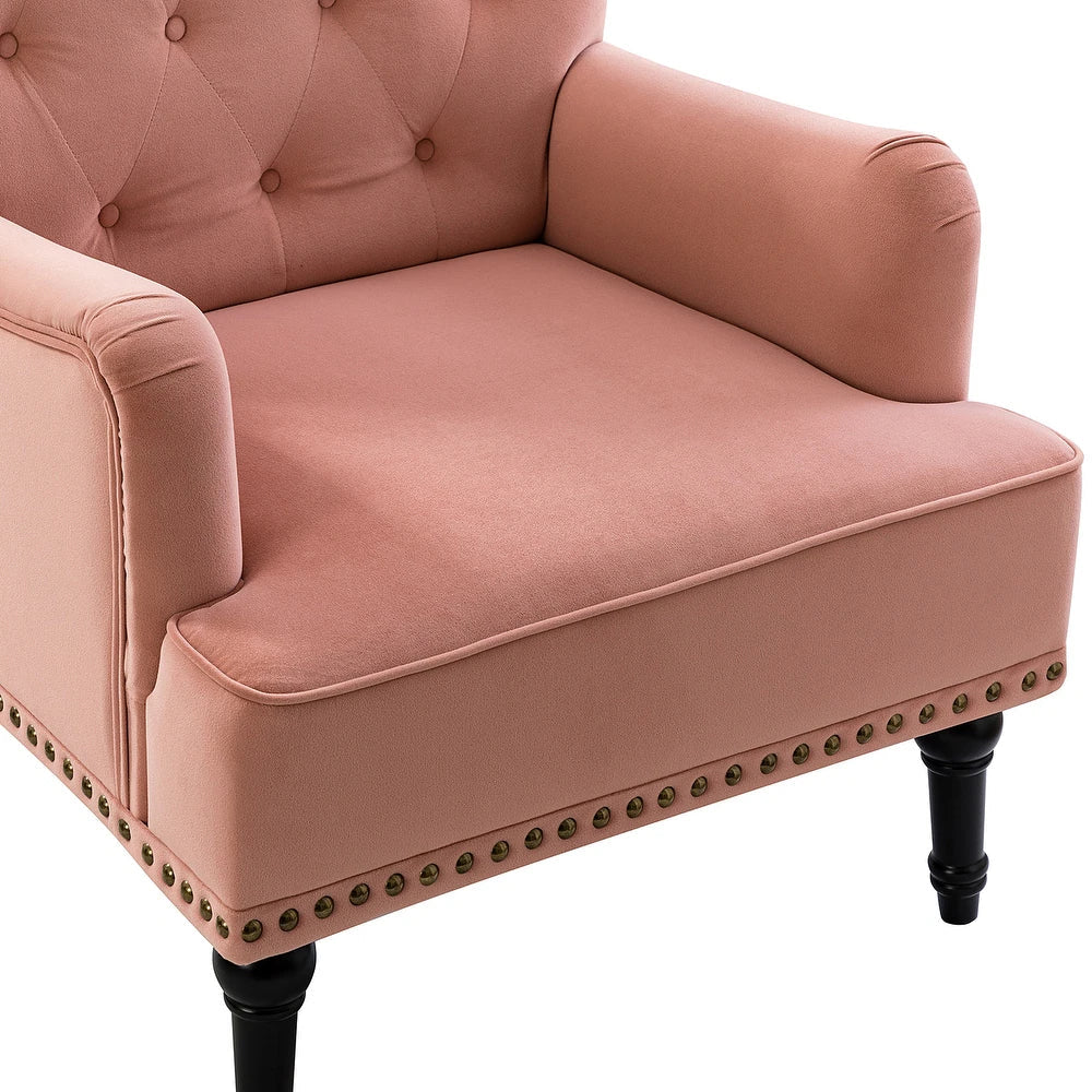 Geltrude Transitional Upholstered Button Tufted Club Chair with turned wooden Legs