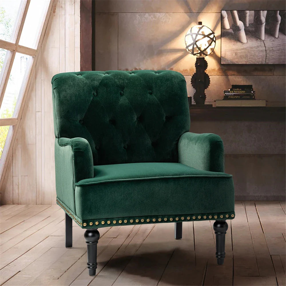 Geltrude Transitional Upholstered Button Tufted Club Chair with turned wooden Legs