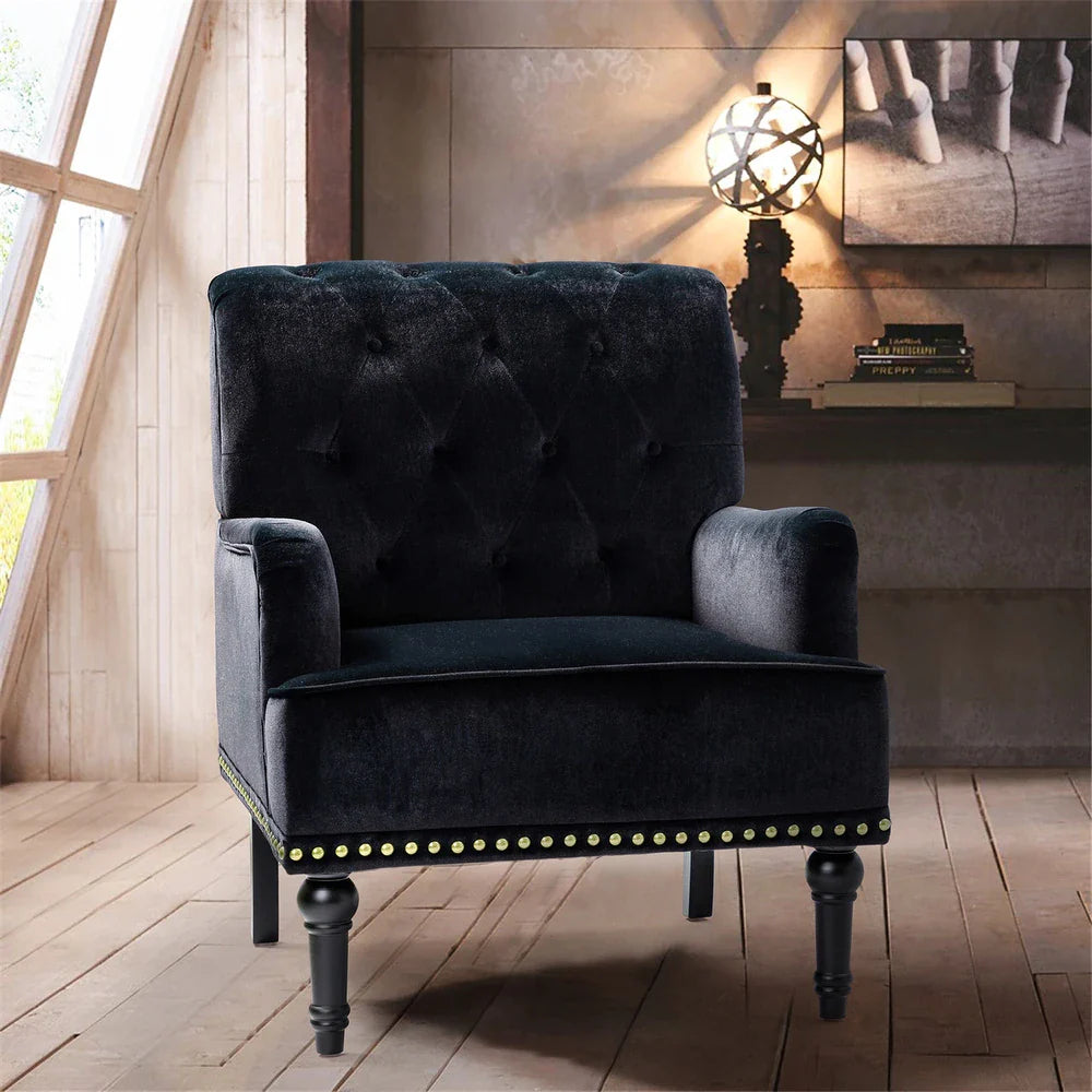 Geltrude Transitional Upholstered Button Tufted Club Chair with turned wooden Legs