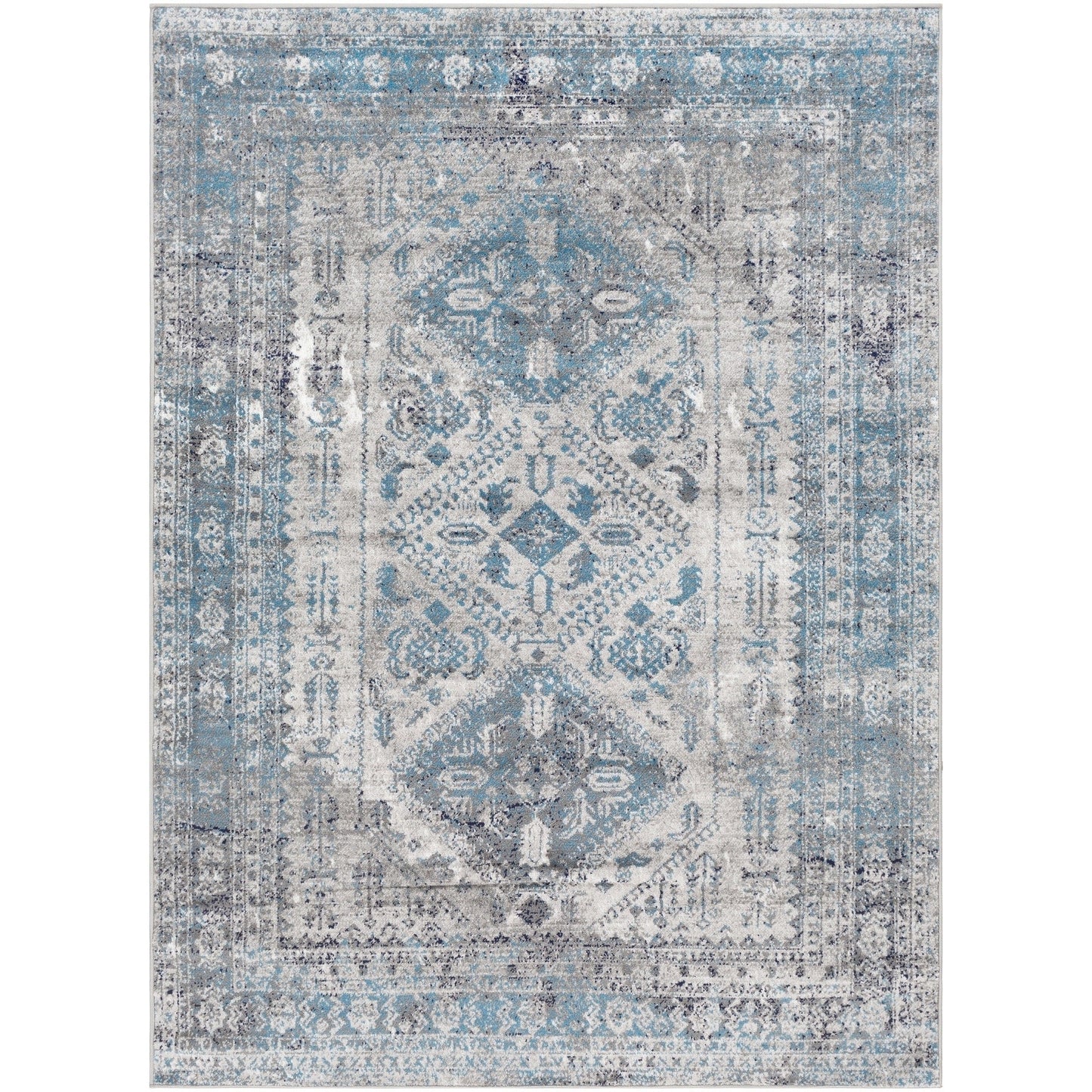 Oriental Distressed Persian Pattern Sky Blue Light Gray Soft Area Rug