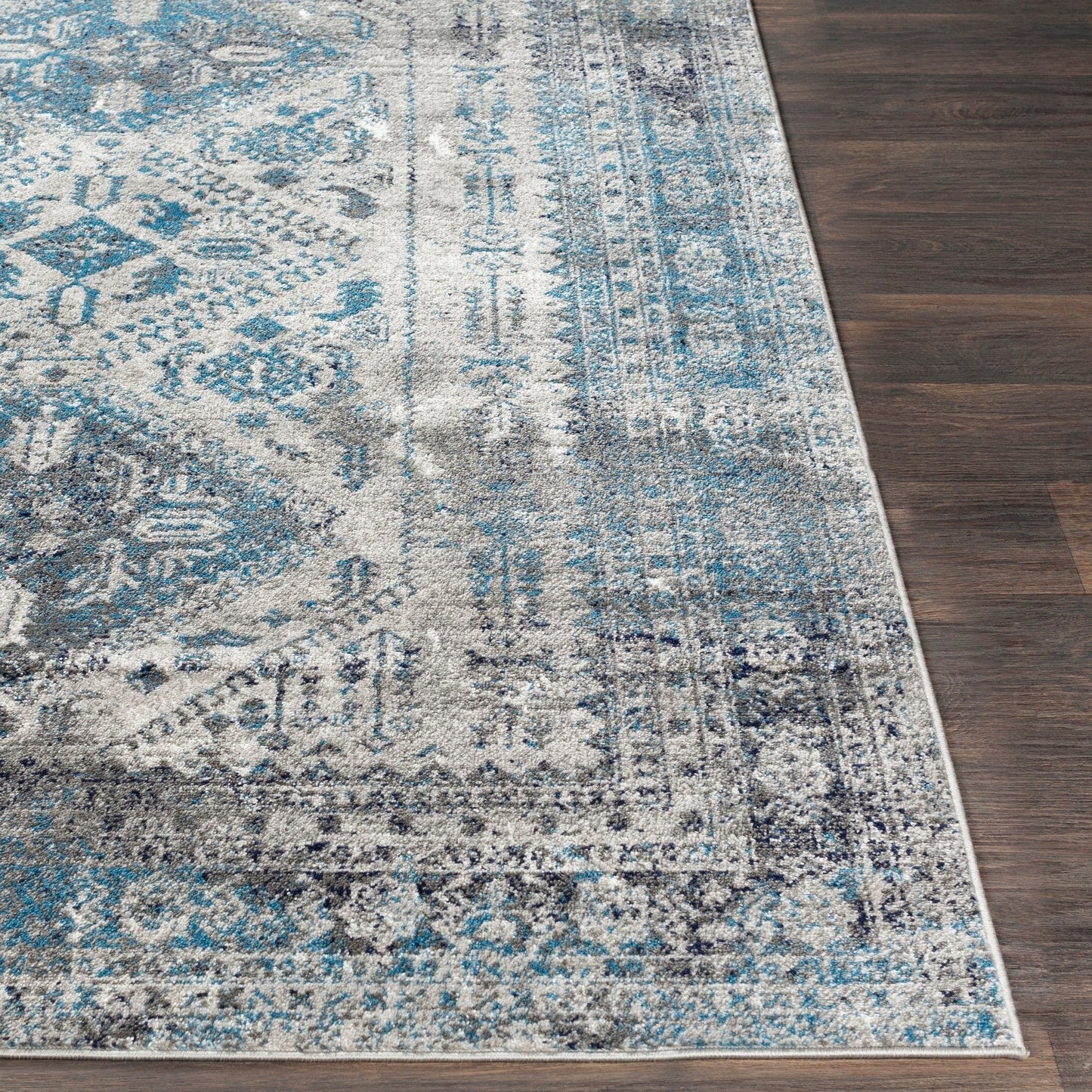 Oriental Distressed Persian Pattern Sky Blue Light Gray Soft Area Rug