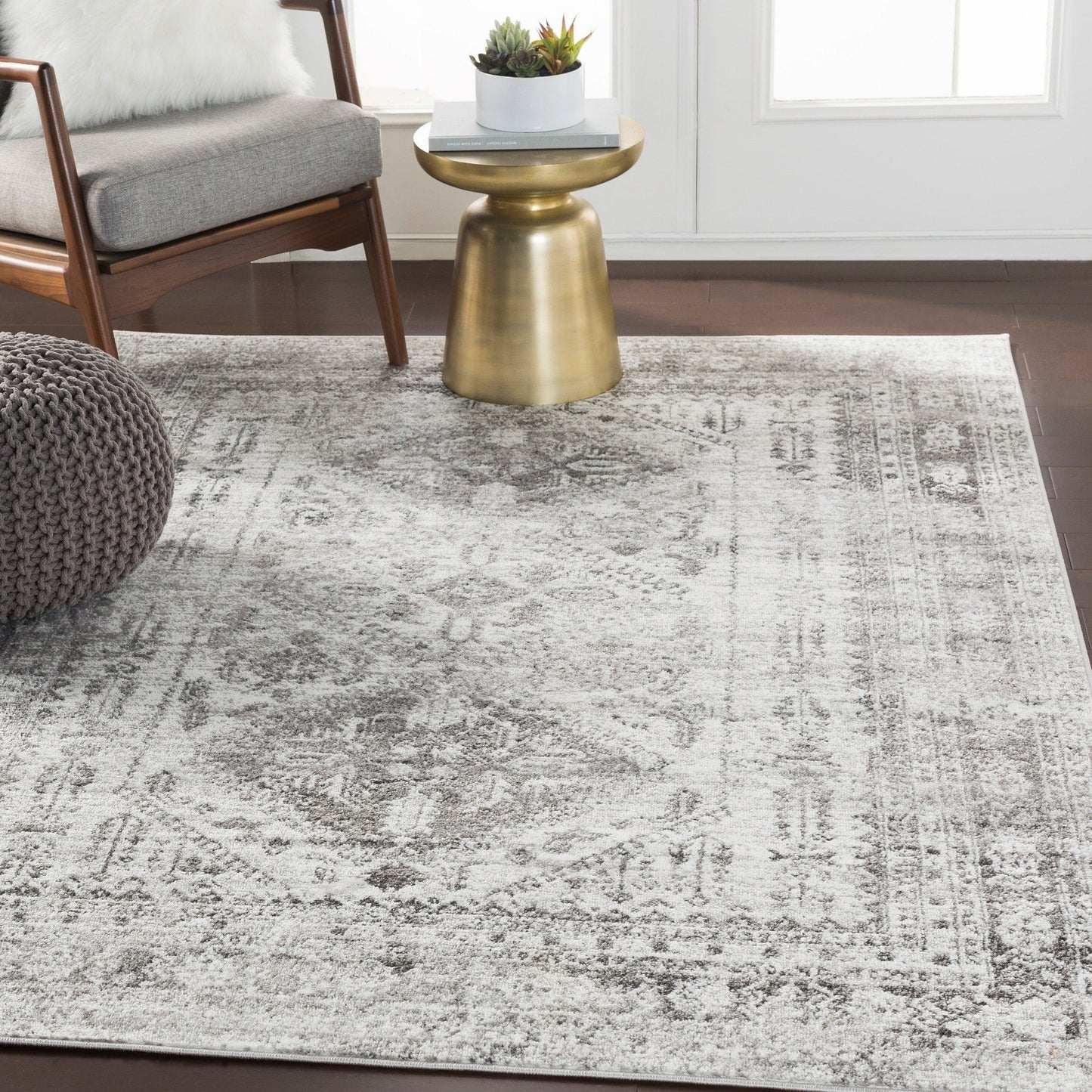 Oriental Charcoal Light Gray White Area Rug
