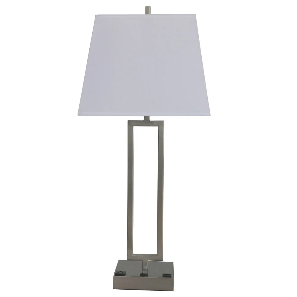 Fangio Lighting's #1753XUSB 25.5 in. Tech-Friendly Metal Table Lamp in a Brushed Nickel Finish w/ 1 Outlet & 1 USB Port