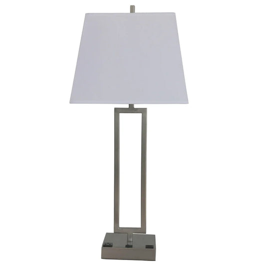 Fangio Lighting's #1753XUSB 25.5 in. Tech-Friendly Metal Table Lamp in a Brushed Nickel Finish w/ 1 Outlet & 1 USB Port