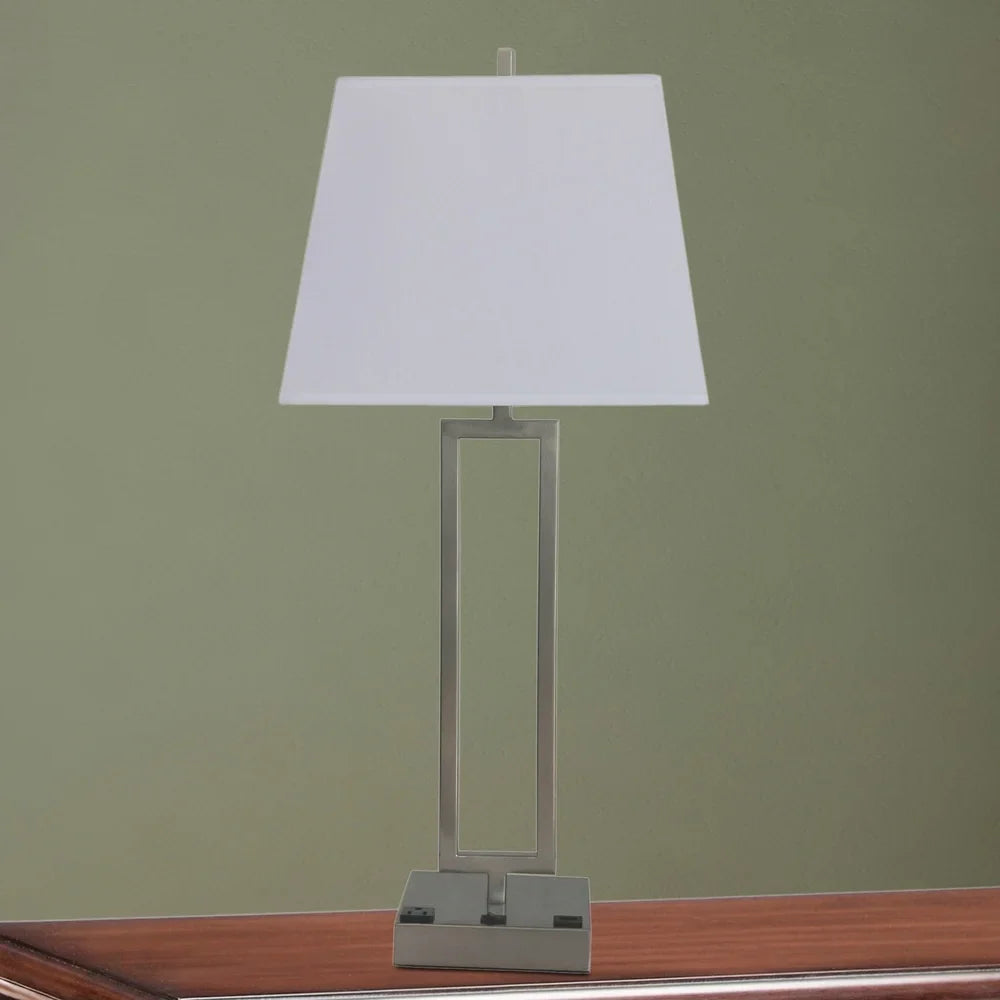 Fangio Lighting's #1753XUSB 25.5 in. Tech-Friendly Metal Table Lamp in a Brushed Nickel Finish w/ 1 Outlet & 1 USB Port