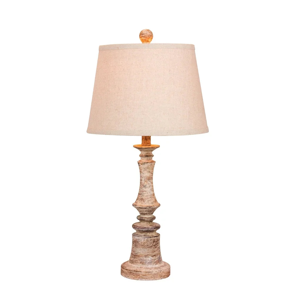 Fangio Lighting's 6240CABG 26.5 in. Distressed Candlestick Resin Table Lamp in a Cottage Antique Beige Finish