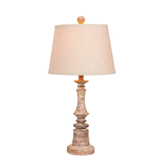 Fangio Lighting's 6240CABG 26.5 in. Distressed Candlestick Resin Table Lamp in a Cottage Antique Beige Finish