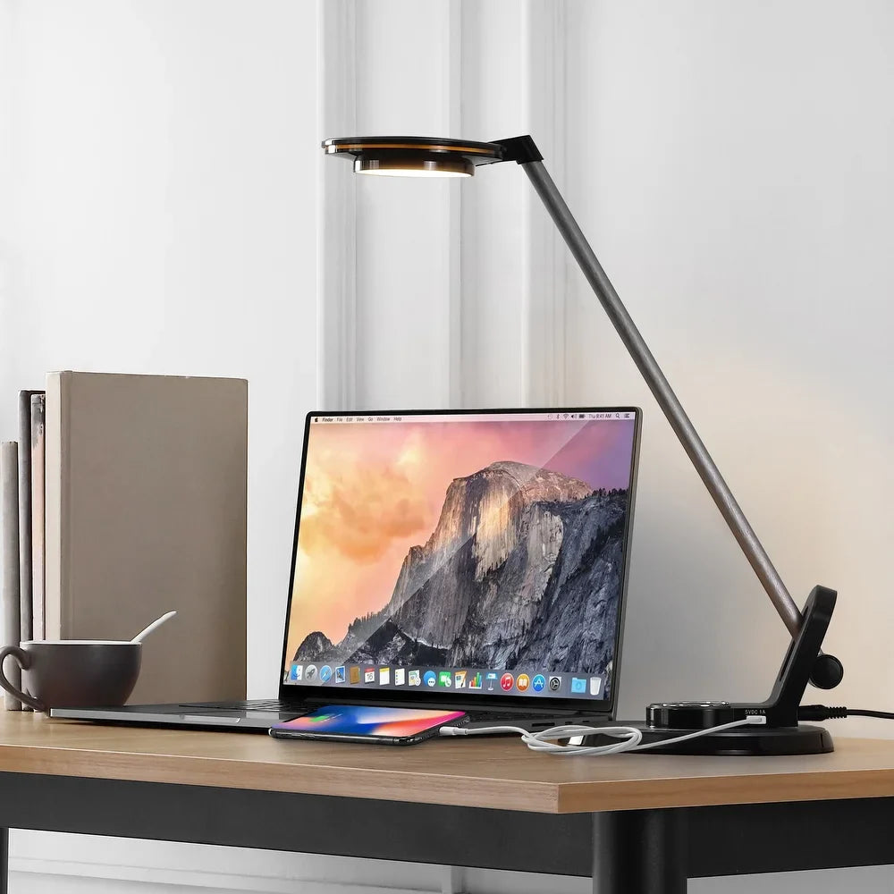 Gaines 18.5" Aluminum Contemporary Minimalist Adjustable Dimmable USB Charging LED Task Lamp, Black by JONATHAN Y