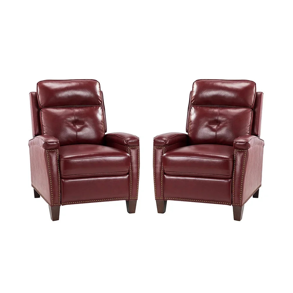 Gaspar Mid-Century Modern Genuine Leather Pushback Recliner with Wood legs Set of 2