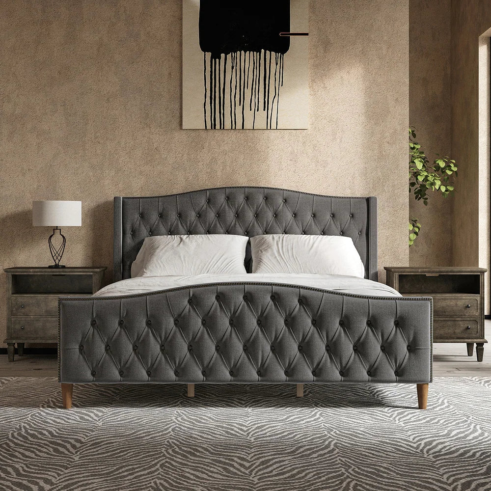 Gerhard Tufted Upholstered Wingback Bed with Headboard and Footboard