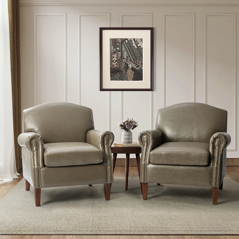 Giampiero Transitional Faux Leather Arm Chair with Nailhead Trim and Rolled Arms Set of 2