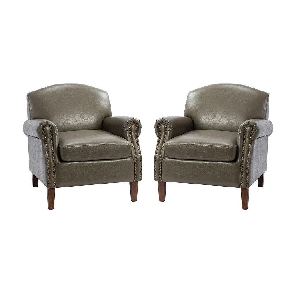 Giampiero Transitional Faux Leather Arm Chair with Nailhead Trim and Rolled Arms Set of 2